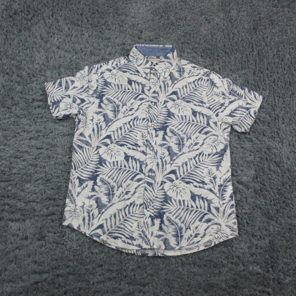 Report Collection Shirt Mens Large Blue White Linen Hawaiian Floral Aloha